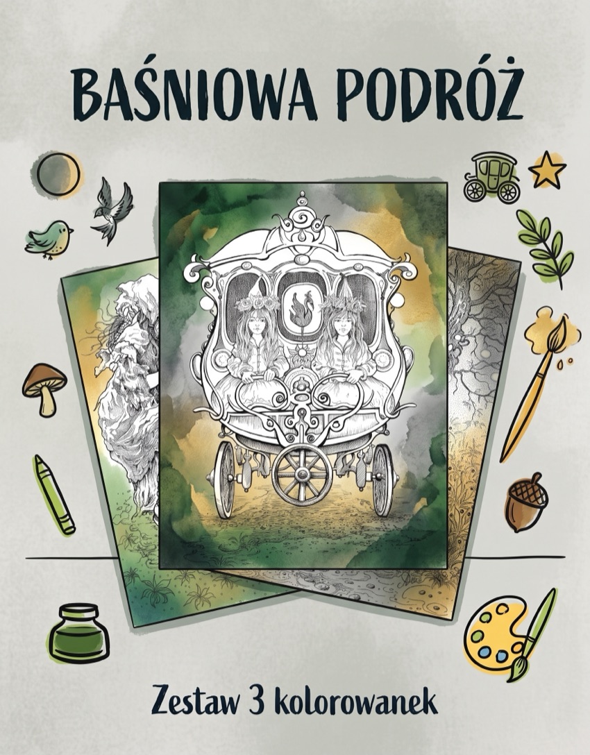 Baśniowa podróż – zestaw 3 kolorowanek – grafika zestawu