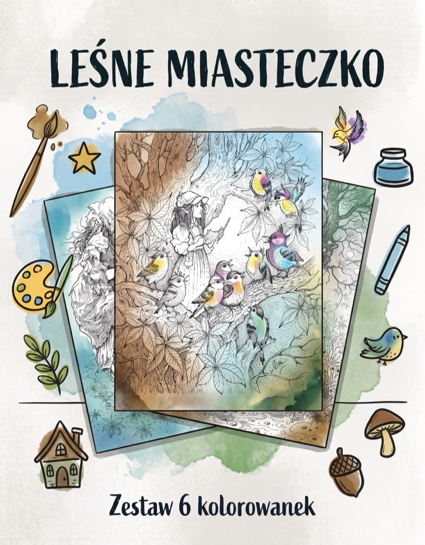 Leśne miasteczko – zestaw 6 kolorowanek – grafika zestawu