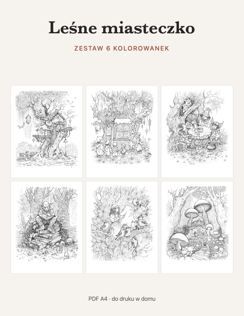 Leśne miasteczko – zestaw 6 kolorowanek (PDF A4)