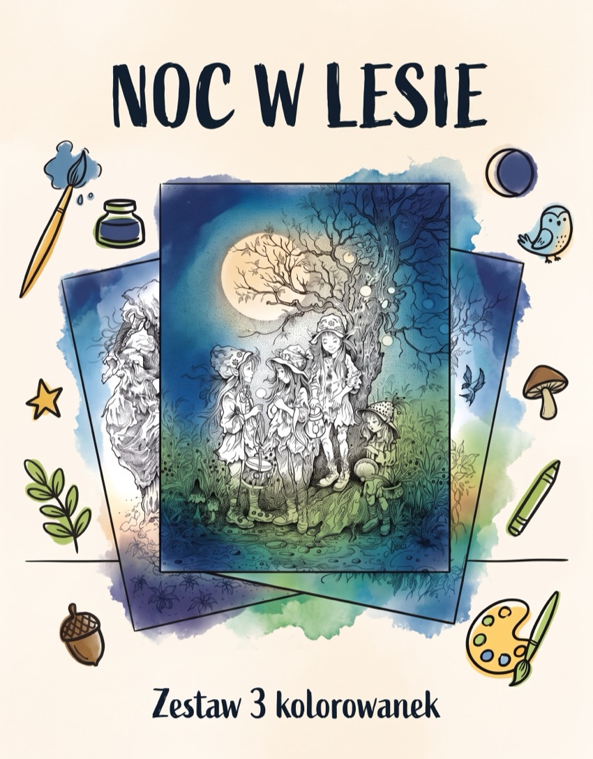 Noc w lesie – zestaw 3 kolorowanek – grafika zestawu