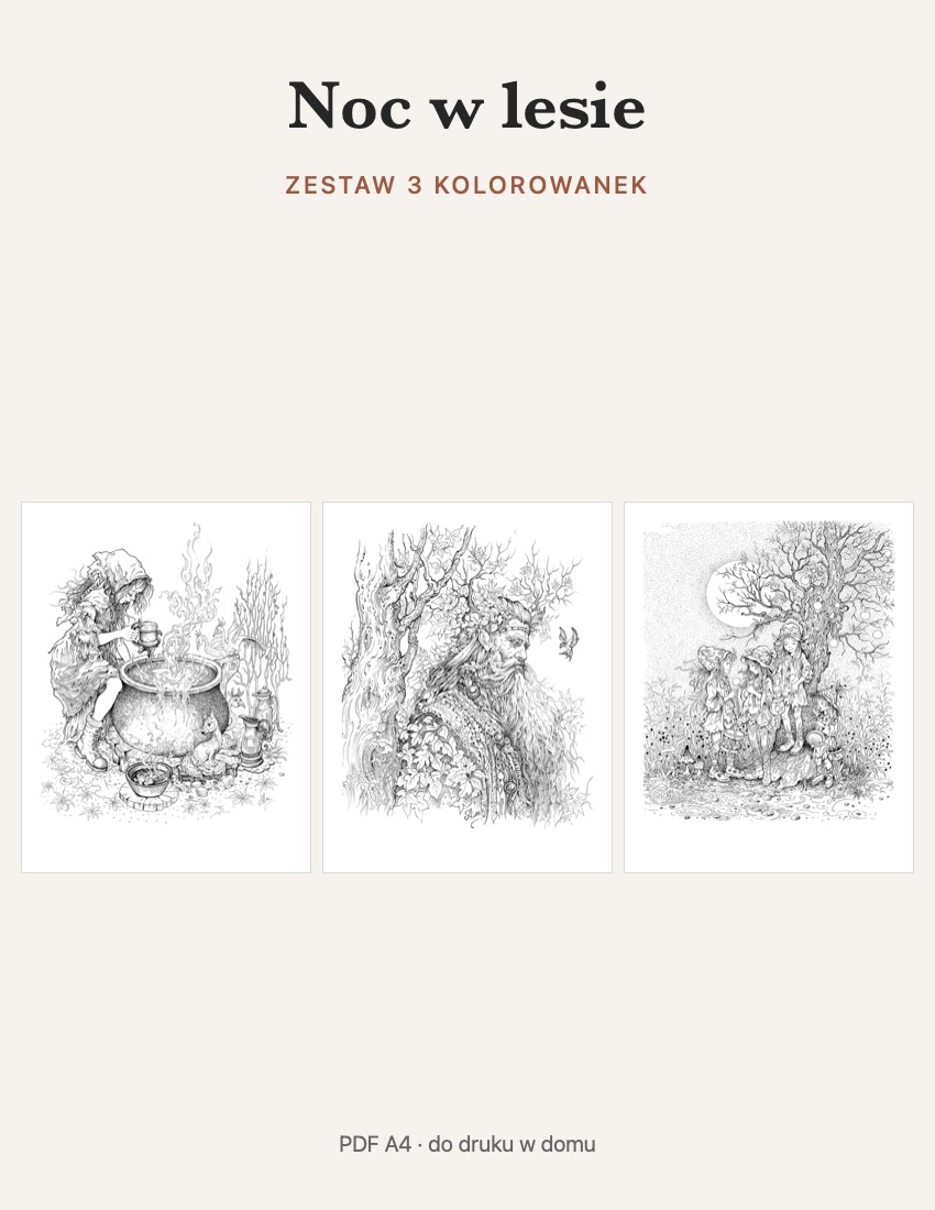 Noc w lesie – zestaw 3 kolorowanek (PDF A4)